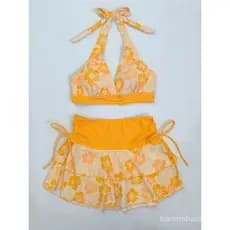 S - XL With Skirt Printed Halter Bikini Female Swimsuit Women Swimwear Bather Bathing Suit Swim Three-pieces Bikini set