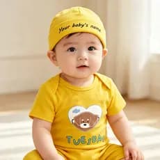 Conjunto de Macacão Amarelo para Bebê com Nome Personalizado, Estampa de Coração e Cachorro, Macacão de Algodão para Beb