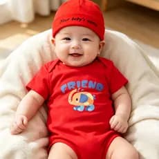 Conjunto de Gorro e Macacão Personalizado com Nome para Bebê, Lindo Macacão de Algodão Vermelho com Estampa de Elefante