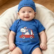 Conjunto de Gorro e Macacão para Bebê com Nome Personalizado, Padrão de Dinossauro Dirigindo Carro em Estilo Cartoon, Ma