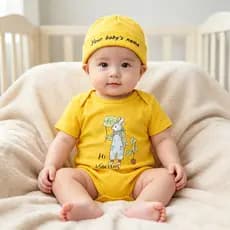 100% Cotton Infant Bodysuit Set Cute Bunny Plant Print Baby Romper Personalized Name Soft Cotton Hat Newborn Daily Wear，