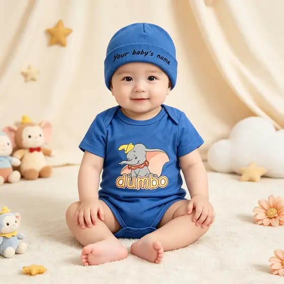 Conjunto de Macacão e Gorro para Bebê com Nome Personalizado, Estampa de Elefante Dumbo Fofo, Macacão Azul de Manga Curt