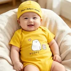 Conjunto de Gorro e Macacão Personalizado para Bebê com Estampa de Urso e Coração em Algodão Amarelo, Presente Ideal par