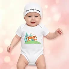 Macacão de Algodão Macio para Recém-Nascidos com Gorro Combinando, Nome Personalizado, Estampa de Tigre da Selva em Dese