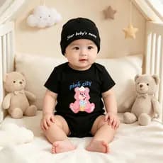 Macacão de Bebê com Estampa e Chapéu Combinando, Nome Personalizado, Algodão Puro, Macacão de Manga Curta para Recém-Nas
