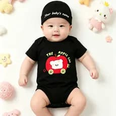 Conjunto de Macacão Preto para Bebê com Estampa de Urso e Nome Personalizado e Gorro, Macacão de Algodão Macio de Manga