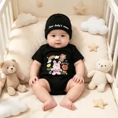 Macacão de Bebê com Estampa de Coelho Rosa e Urso Arco-Íris, Chapéu Combinando, Nome Personalizado, Algodão Puro, Conjun