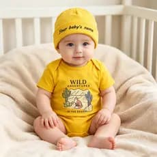 Conjunto de Macacão para Bebê 100% Algodão com Estampa de Raposa do Deserto e Cactos, Macacão Personalizado com Nome, Ch