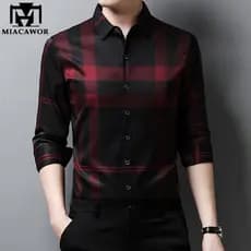Novo estilo de alta qualidade masculino camisa justa camisa de seda primavera manga longa casual xadrez camisa