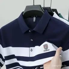 Camisa Polo de Manga Curta Listrada de Alta Qualidade para Homens, Marca de Luxo, Design em Relevo, Nova Camisa de Golfe
