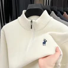 Suéter Masculino de Luxo de Alta Qualidade, Manga Longa, Gola Alta, Meio Zíper, Bordado de Cavalo, Novo Pulôver de Prima