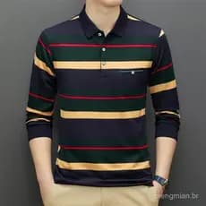 Nova camisa polo masculina casual de manga longa com listras e xadrez, polo de cor sólida e estilo moderno.