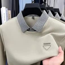 Camisa Polo Masculina de Alta Qualidade com Gola em Cores Contrastantes, Manga Longa, Estampa Exquisita, Nova Coleção de