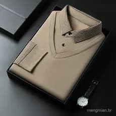 2025 Nova Camisa Polo Masculina Casual e Elegante de Manga Longa em Cor Sólida com Efeito de Duas Peças, Versátil para T