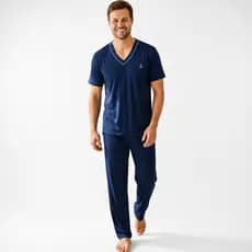 Pijama Masculino Adulto Meia Estação Pijama de Homem Malha Confortável Bordado Liso
