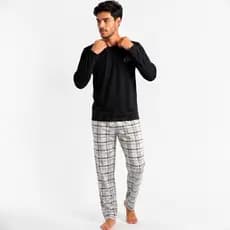 Pijama Masculino Adulto Xadrez Inverno Manga e Calça Comprida Pijama de Homem Malha Leve