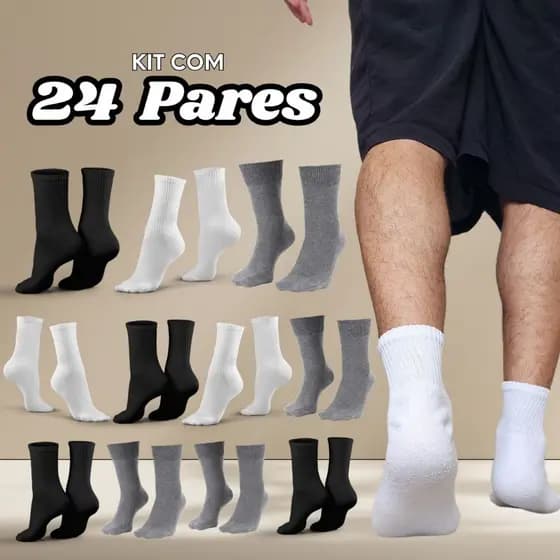 🧦 Kit Pares Meias Cano Médio Masculina Algodão 37-43 Kit com 3, 6, 12 ou 24 Pares de Meias