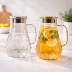 Jarra de Vidro 1,6L com Tampa Hermética Inox Água Suco Chá Jarra Elegante Mesa Cozinha Bebidas Água