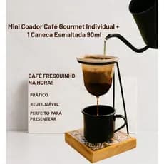 Mini Coador Café Gourmet Individual + 1 Caneca Esmaltada 90ml Com Base de Madeira e Suporte de Ferro