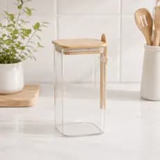 Pote Hermético 20cm de Vidro 1600 ml com Tampa de Bambu e Colher Dosadora | Organização, Elegância e Conservação