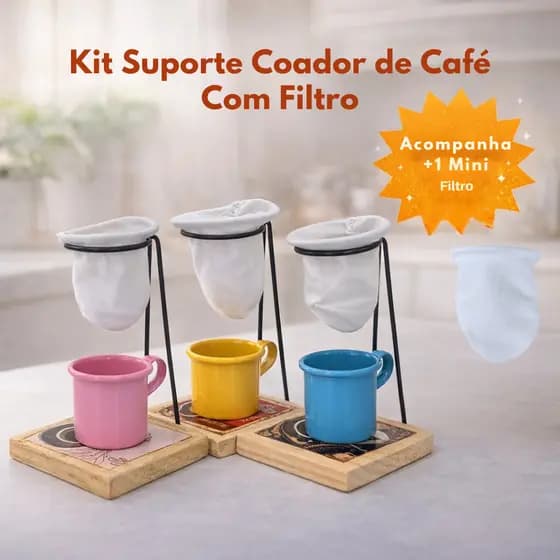 Kit Café Gourmet Mini Suporte Refil De Pano C/ Caneca 90 Ml Coador Mini
