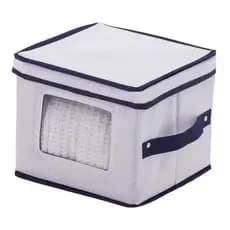 Cesto organizador empilhável e dobrável em linho com visor e com tampa e alça para roupas e objetos 24 X 23 X 20 CM