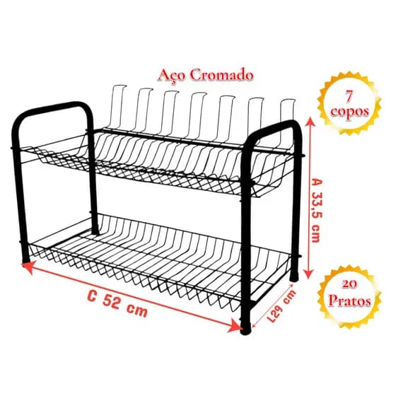 Escorredor louça Grande Desmontavel24Pratos7 Copos talheres Aço Resistente tinta eletrostática Preto