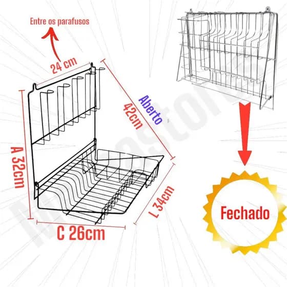 Escorredor Suspenço de Pratos de Parede dobravel Resistente para10 Pratos 5 Copos E Talheres em Aço