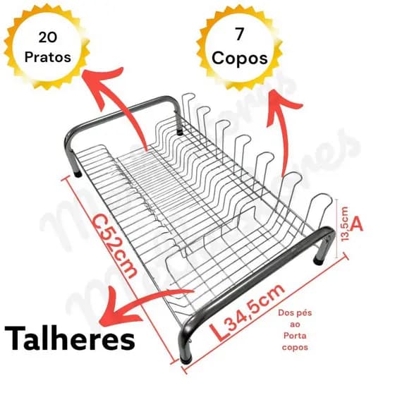 Escorredor Louça 20 Pratos 7 Copos Porta Talheres Aço Cromado Preto e Branco reforçado