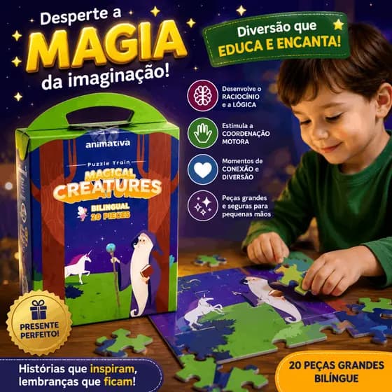 Quebracabeca Bilingue Criaturas Magicas 20 Pecas Educativo Aprendizado Diversao Infantil