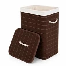 ✨Cesto Roupa Suja  Bambu Organizador Tampa Alças Grande 70 Litros Marrom Branco e Natural