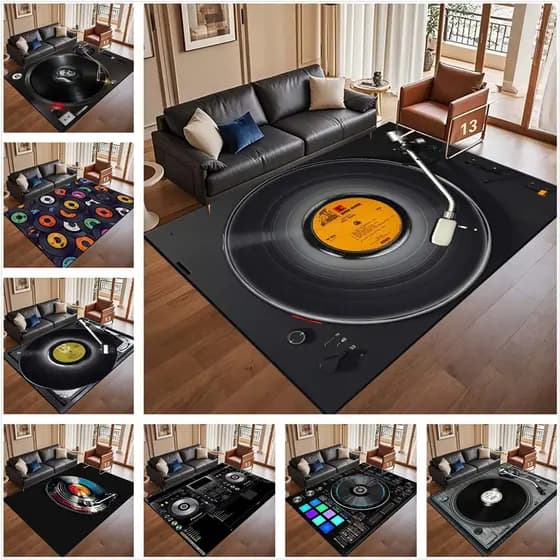 1PC Retro Disco Player Registros De Vinil Padrão Tapete Para O Quarto Decoração Casa Sala Estar Música Amante Da Tapetes