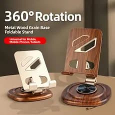 Suporte Para Telefone De Metal Com Base De Grão De Madeira 360 ° De Mesa Dobrável Giratório E Tablet Fairybey
