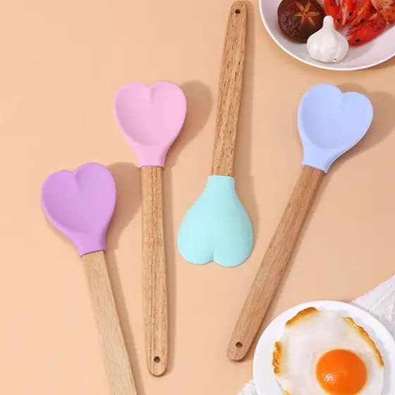 Colher Espátula Utensilio Silicone Coração Cabo De Madeira Cozinha Decoração Forno Fogão Livre Bpa