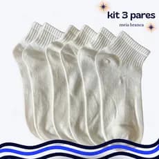 Kit 3 Pares De Meia Branco Poliéster Punho Canelado Femenino/Masculino Cano Curto Calça 35 a 40