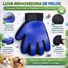 Luva Pet Tira Pelos Removedor de Pelos para Cães e Gatos Escova Massageadora Ajustável Cor Azul