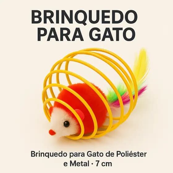Brinquedo Interativo para Gato Bolinha de Arame com Ratinho e Pena Colorida 7 cm  Poliéster e Metal