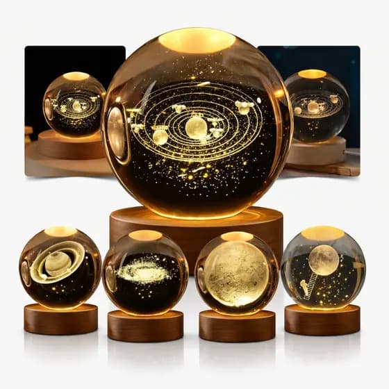 Luminária LED USB Globo de Cristal 3D 8cm Sistema Solar Lua Astronômica Decoração Quarto Abajur