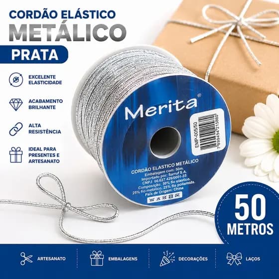 Cordão Elástico Metálico Prata 50 Metros Meritá Para Artesanato Laços Decoração Embalagens