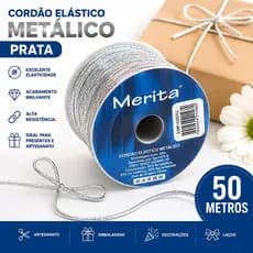 Cordão Elástico Metálico Prata 50 Metros Meritá Para Artesanato Laços Decoração Embalagens