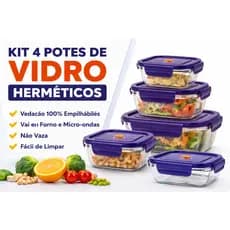 Jogo de Potes Vidro Hermeticos Quadrados Com Tampa Silicone e Valvula de Supressão Kit 4 Unidades