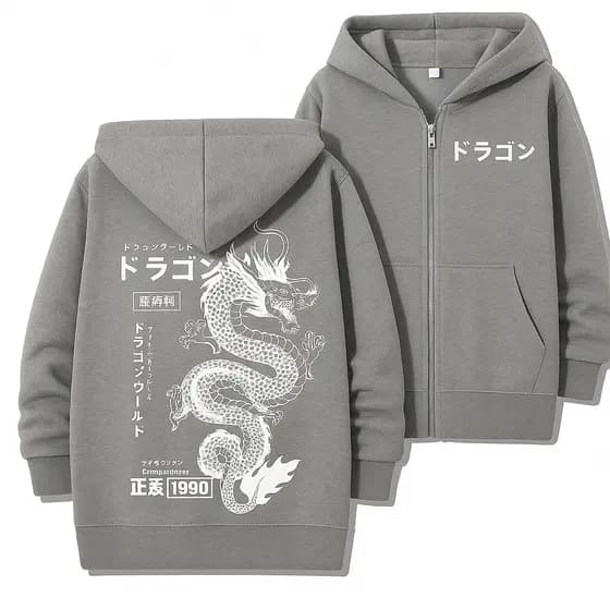 Moletom Ziper  Dragão Japonês Moda Asiática Estilo Oriental Streetwear