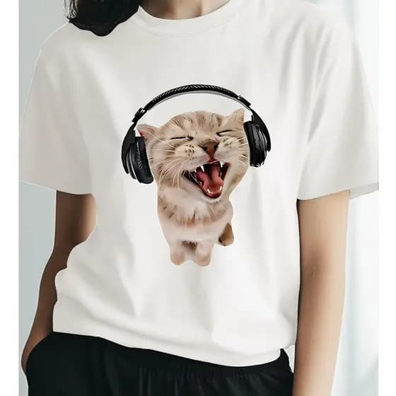 Camiseta feminina casual de verão com estampa de gato de desenho animado e fones de ouvido