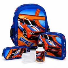 Kit Mochila Infantil De Costas Race Carro de Corrida Com Lancheira Estojo E Garrafinha Escolar Menino