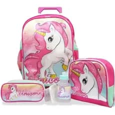 Kit Mochila Rodinha Unicórnio Menina Escolar Lancheira Estojo Garrafa Infantil