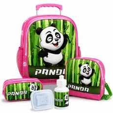 Kit Mochila Rodinha Panda Rosa Menina Escolar Lancheira Estojo Garrafa Infantil