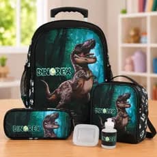 Kit Mochila Infantil De Rodinhas Dinossauro Com Lancheira Estojo E Garrafinha Escolar Menino