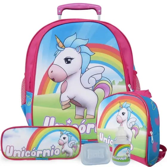 Kit Mochila Unicórnio Tam M de Rodinhas Lancheira Térmica e Estojo