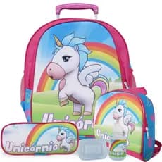 Kit Mochila Unicórnio Tam M de Rodinhas Lancheira Térmica e Estojo