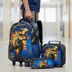 Kit Mochila Dinossauro Tyrannosaurus Rex Rodinhas Com Lancheira Térmica e Estojo Seanite